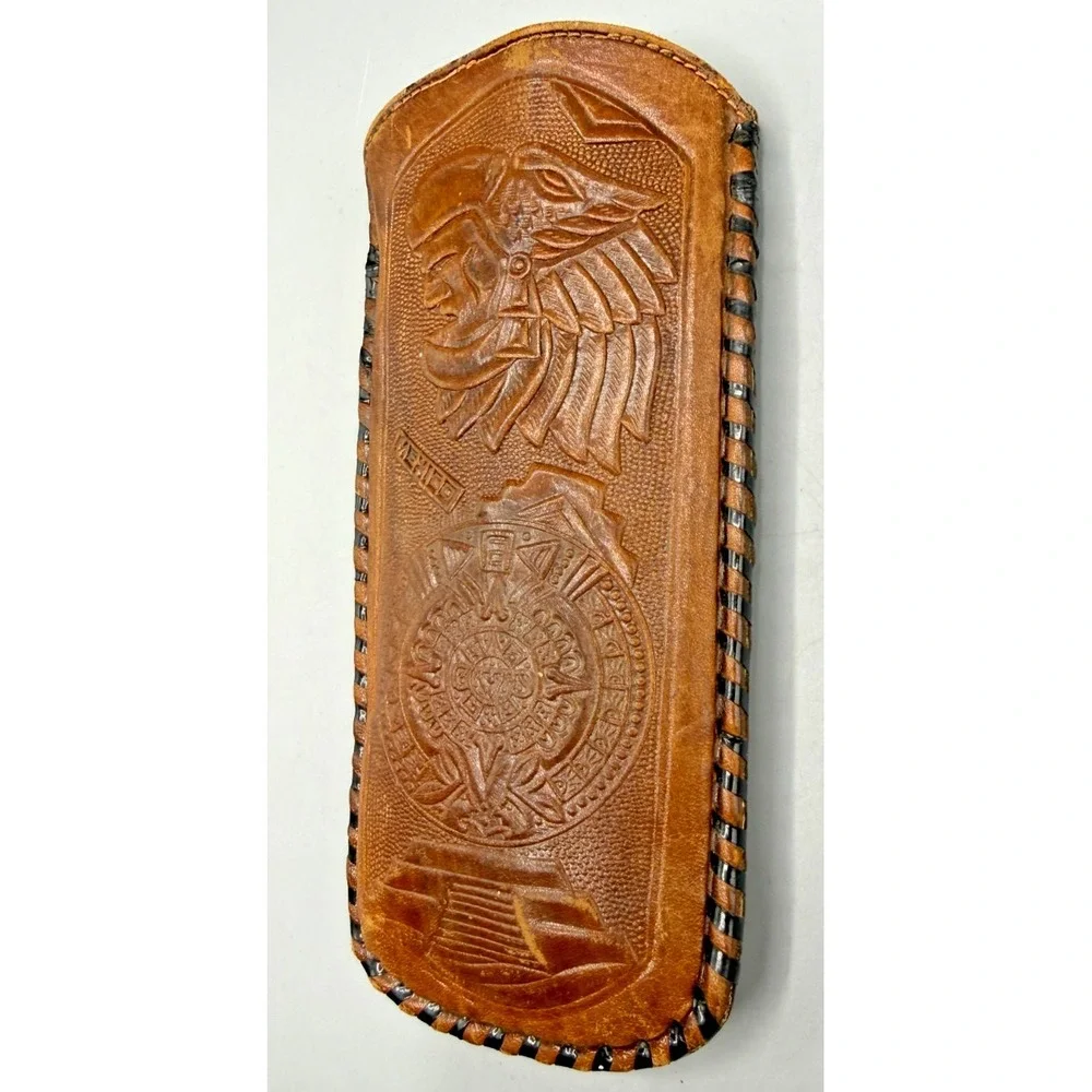Genuine Hand Tooled Mexican Leather Aztec Pyramid, Sunstone Lined Eye Glass Case